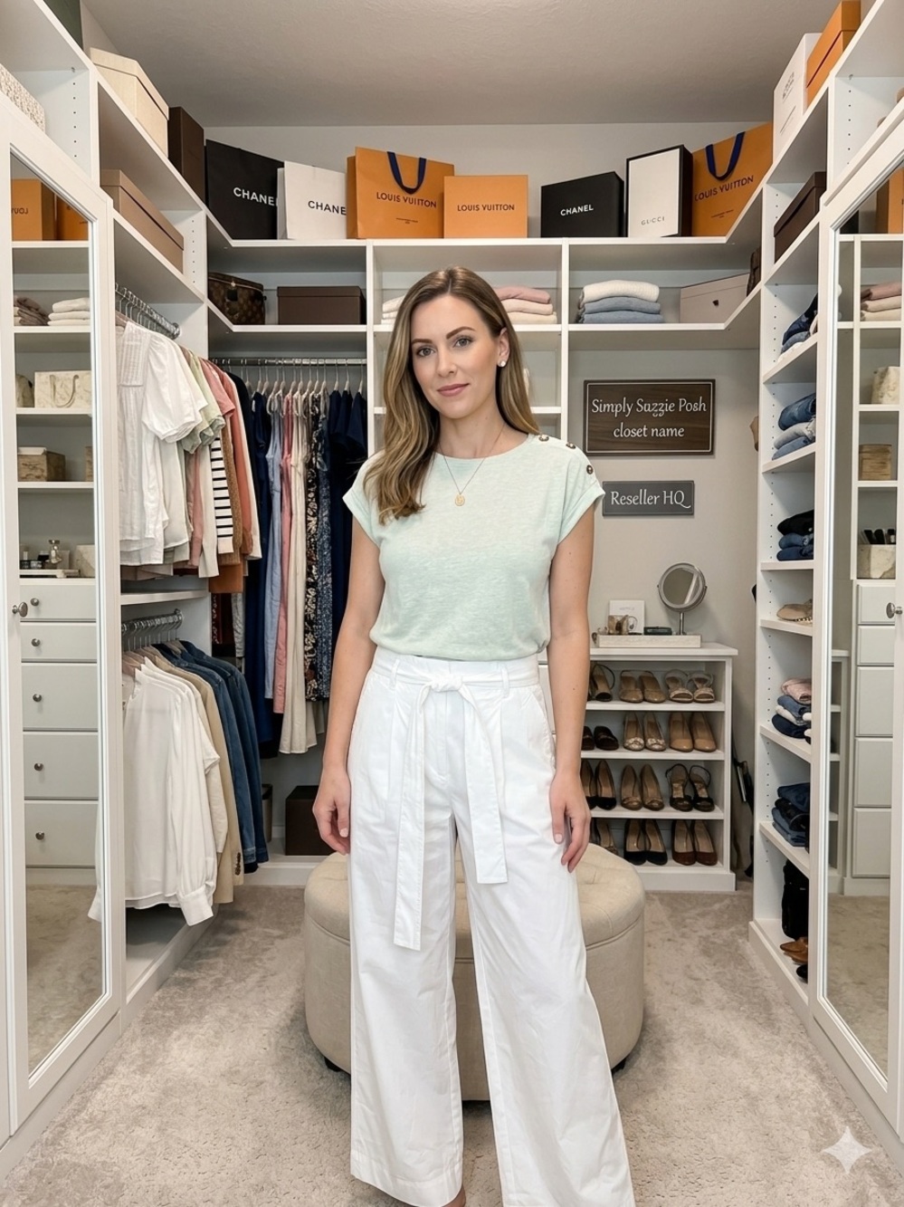 2 pc Light Mint Knit Tee with White High-Waist Tie Pants